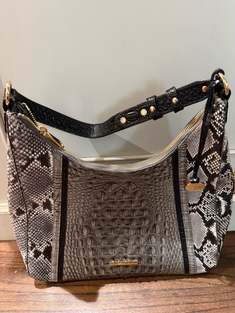 Brahmin Genuine Leather Tabitha Steel Fontaine Bag with Snake-Print Panels